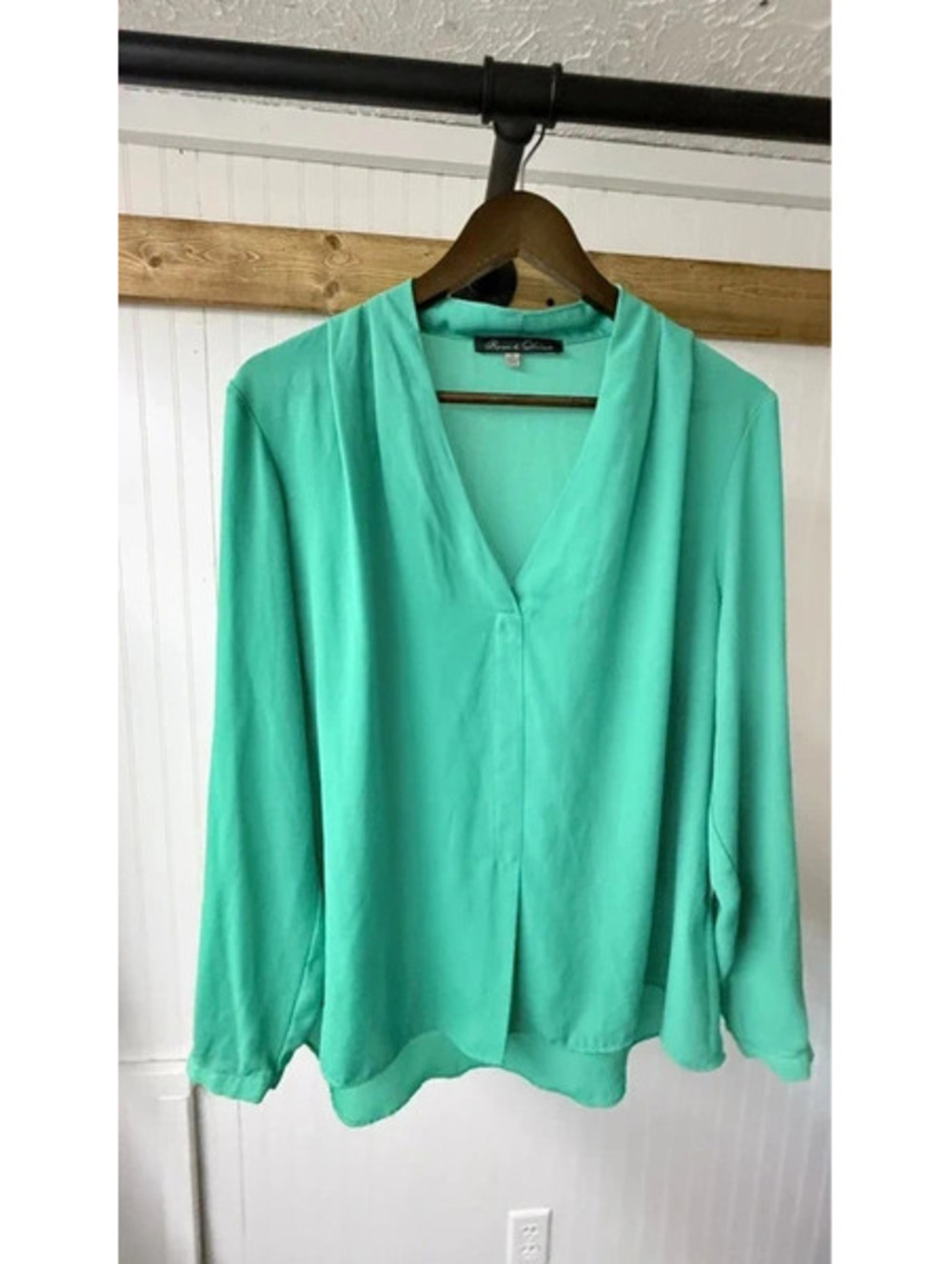 Rose & Olive jade green long sleeve blouse draped split V-neck xl career casual